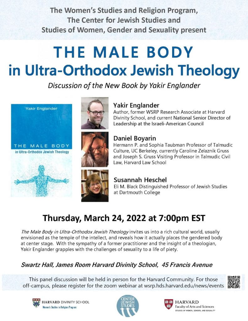 Publicity Poster of Event: Discussion of book, The Male Body in Ultra-Orthodox Jewish Theology, March 24, 2022